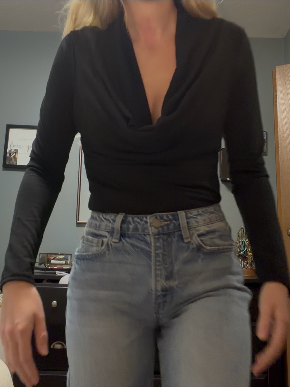 Fashion Nova Black Draped Cowl Neck Long Sleeve Top